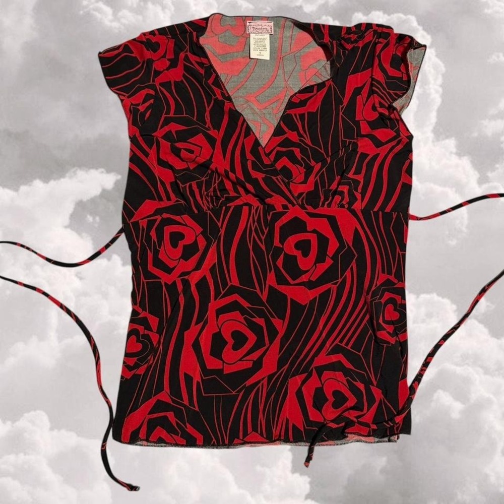 Y2K Heart Whimsy Goth Office Siren Black and Red Blouse